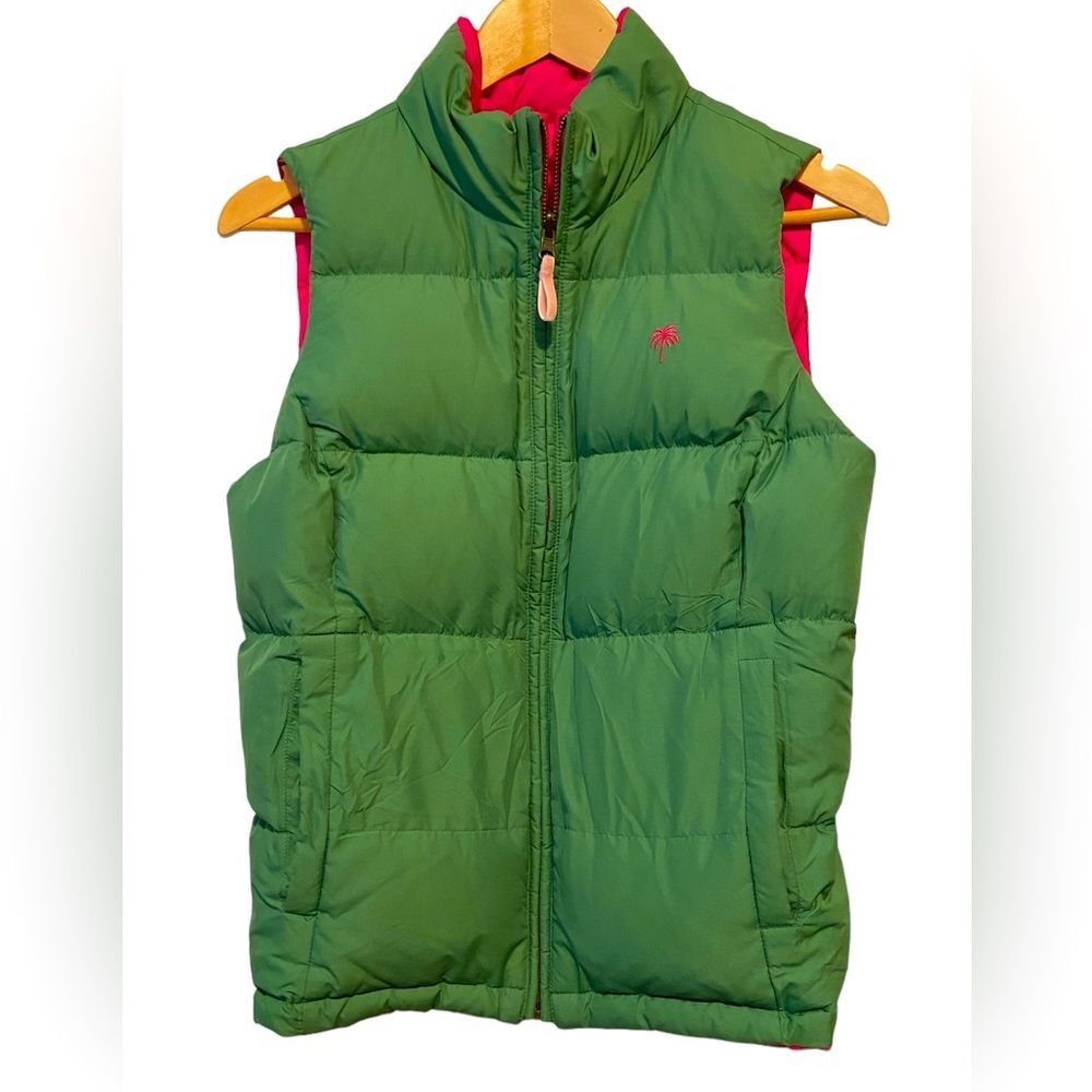 Lily Pulitzer Women’s Reversible Pink Green Puffer Vest, size S, 100% polyester